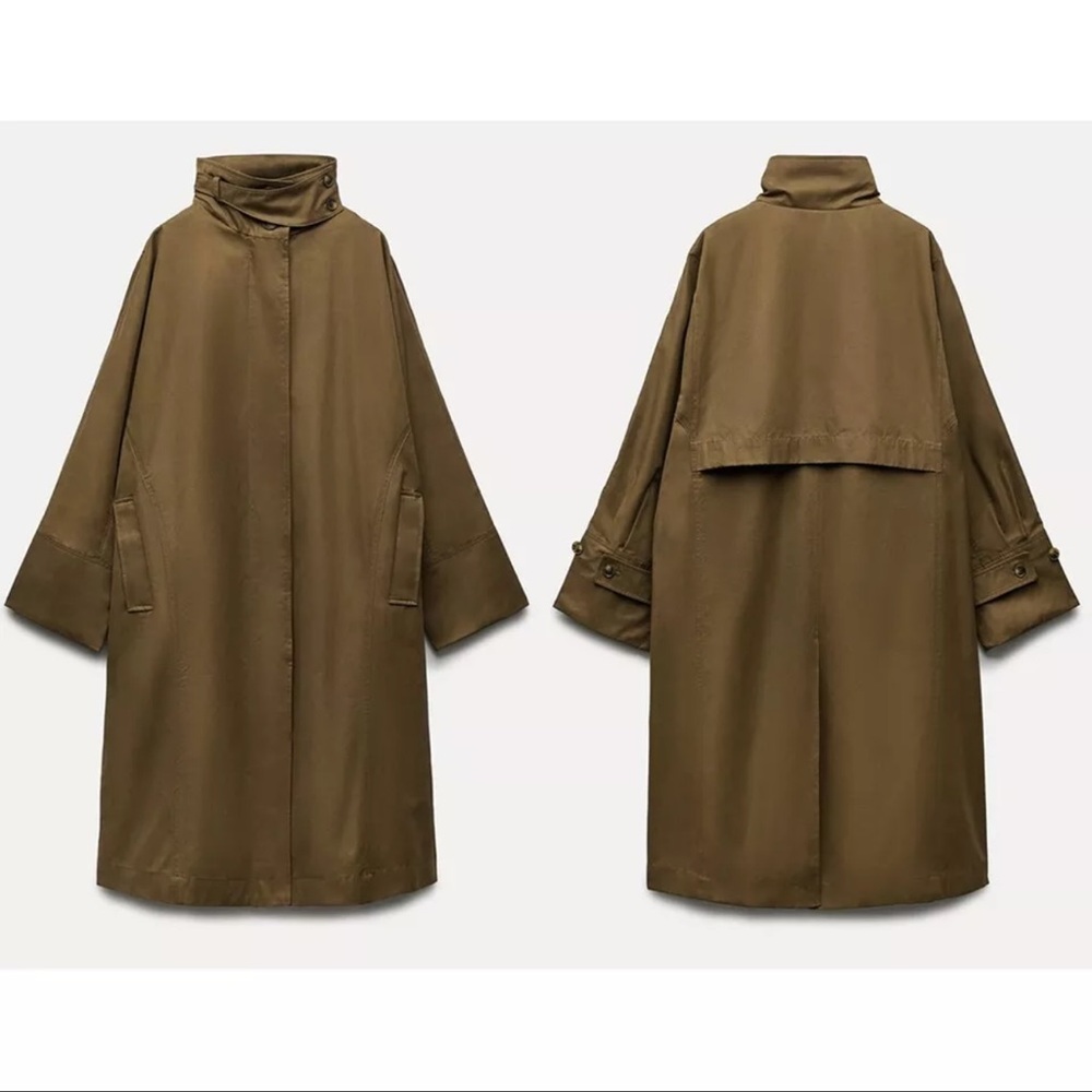 🔥NWT ZARA🔥 Oversized Water-Repellent Trench Coat in Khaki Green - Picture 3 of 6